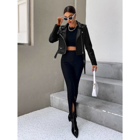 minimalist y2k baddie Zip Up Belted vegan leather Moto Jacket black - Picture 5 of 5